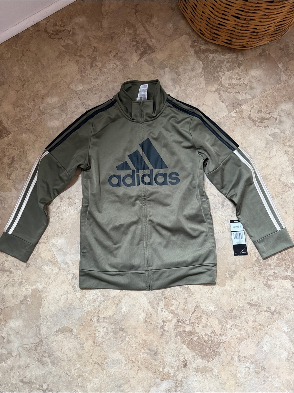 adidas Boys Olive Green Track Jacket with Black Logo & White Stripe